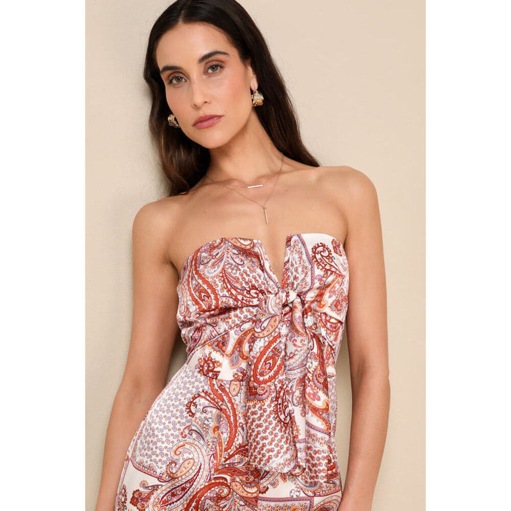 Lulus Aesthetic Perfection Ivory Paisley Tie-front Strapless Jumpsuit White